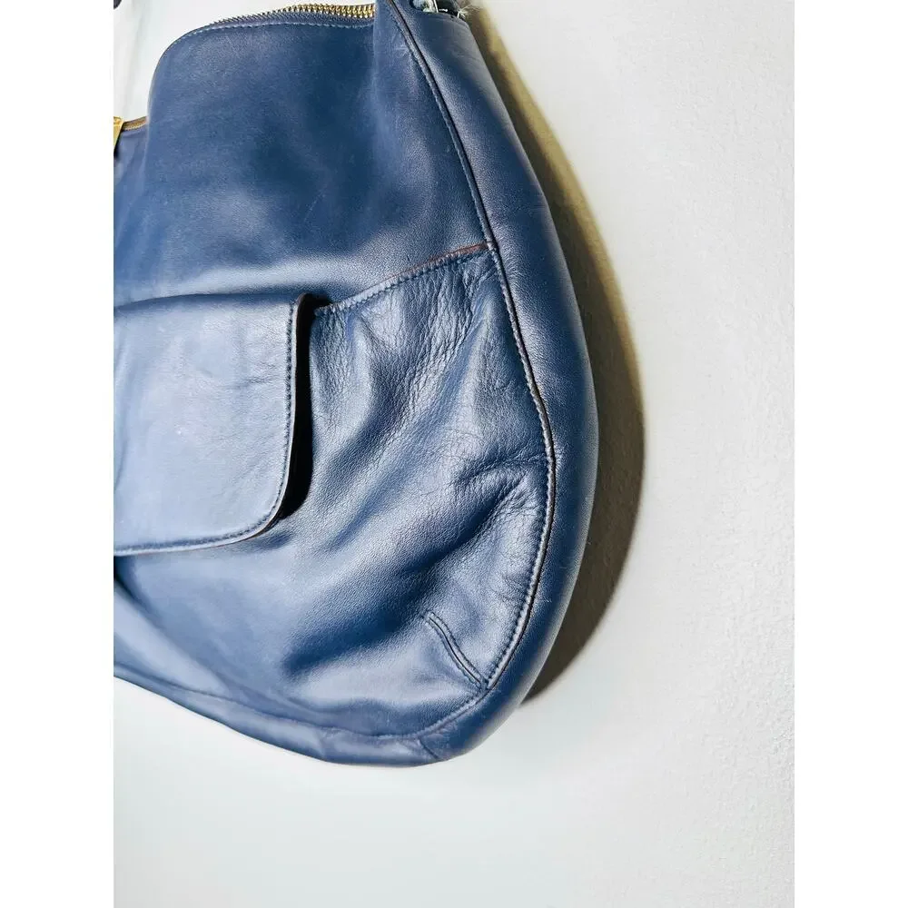 LAUREN RALPH LAUREN Navy Blue Front Pocket Leather Hobo Bag Purse - Picture 13 of 13